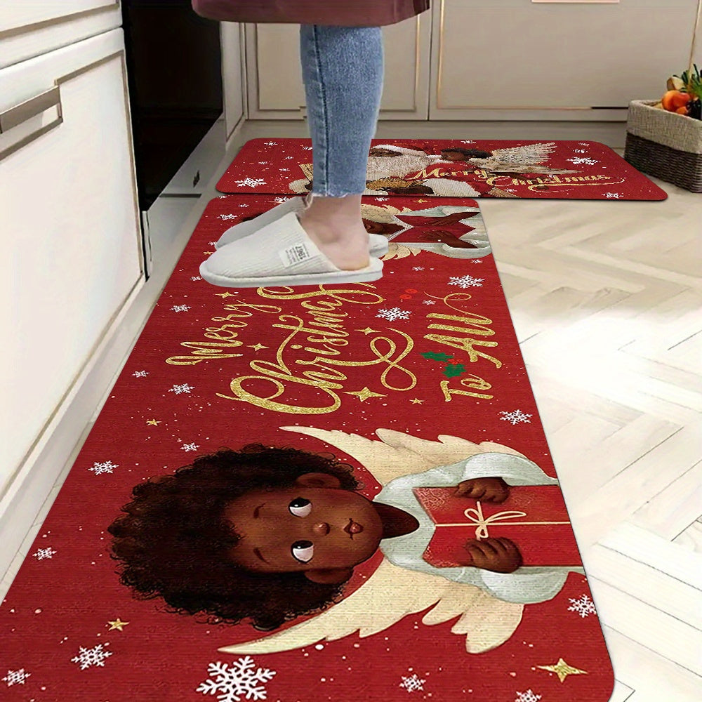 Festive Christmas Kitchen Mats 2/3pcs - Santa & African American Angel Design, Soft, Stain & Slip Resistant, Perfect for Holiday Parties, Bedroom, Living Room, Dining & Bathroom