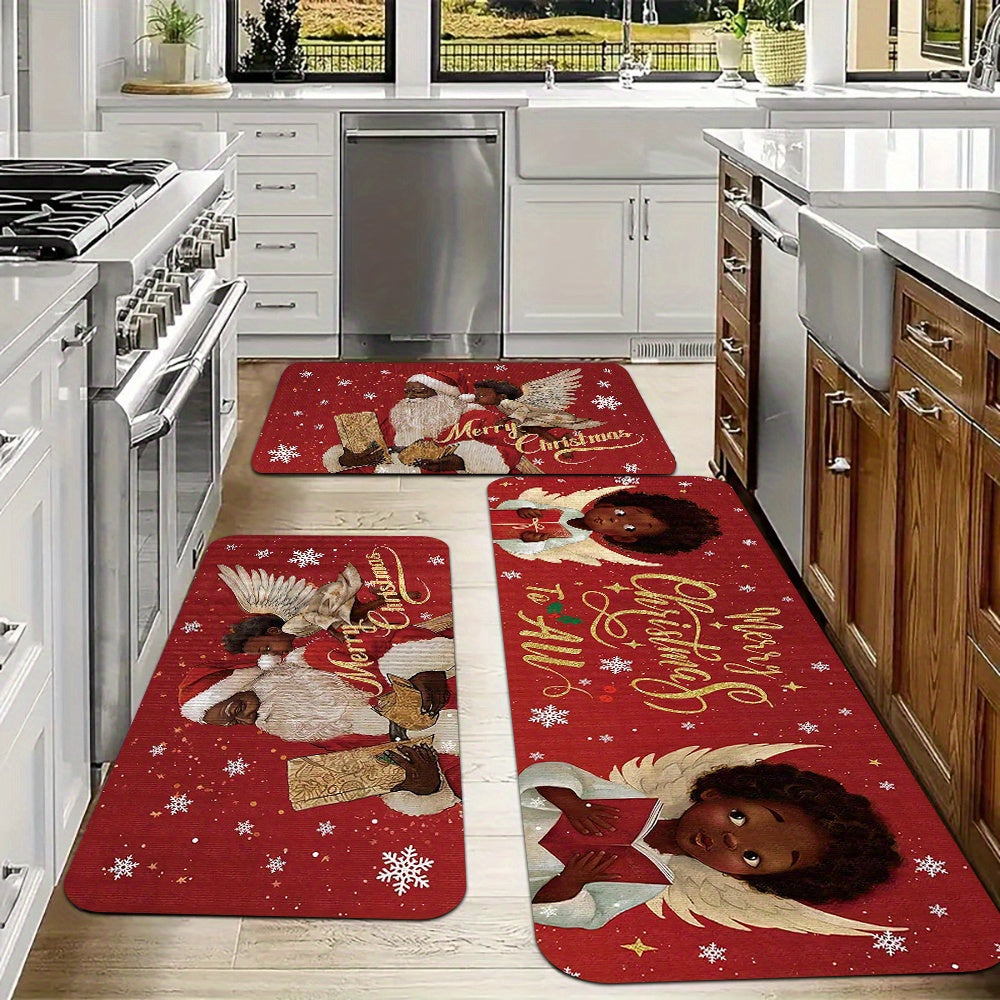 Festive Christmas Kitchen Mats 2/3pcs - Santa & African American Angel Design, Soft, Stain & Slip Resistant, Perfect for Holiday Parties, Bedroom, Living Room, Dining & Bathroom