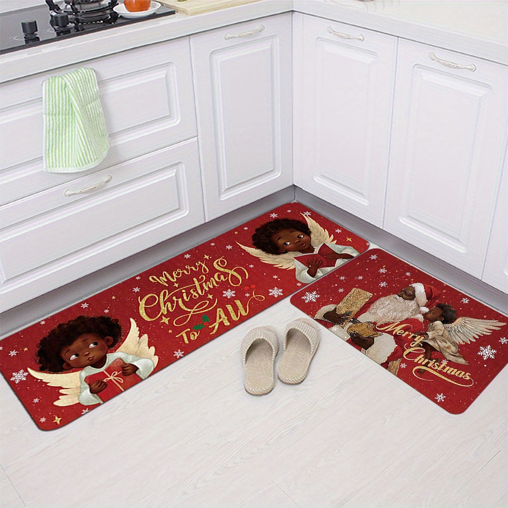 Festive Christmas Kitchen Mats 2/3pcs - Santa & African American Angel Design, Soft, Stain & Slip Resistant, Perfect for Holiday Parties, Bedroom, Living Room, Dining & Bathroom