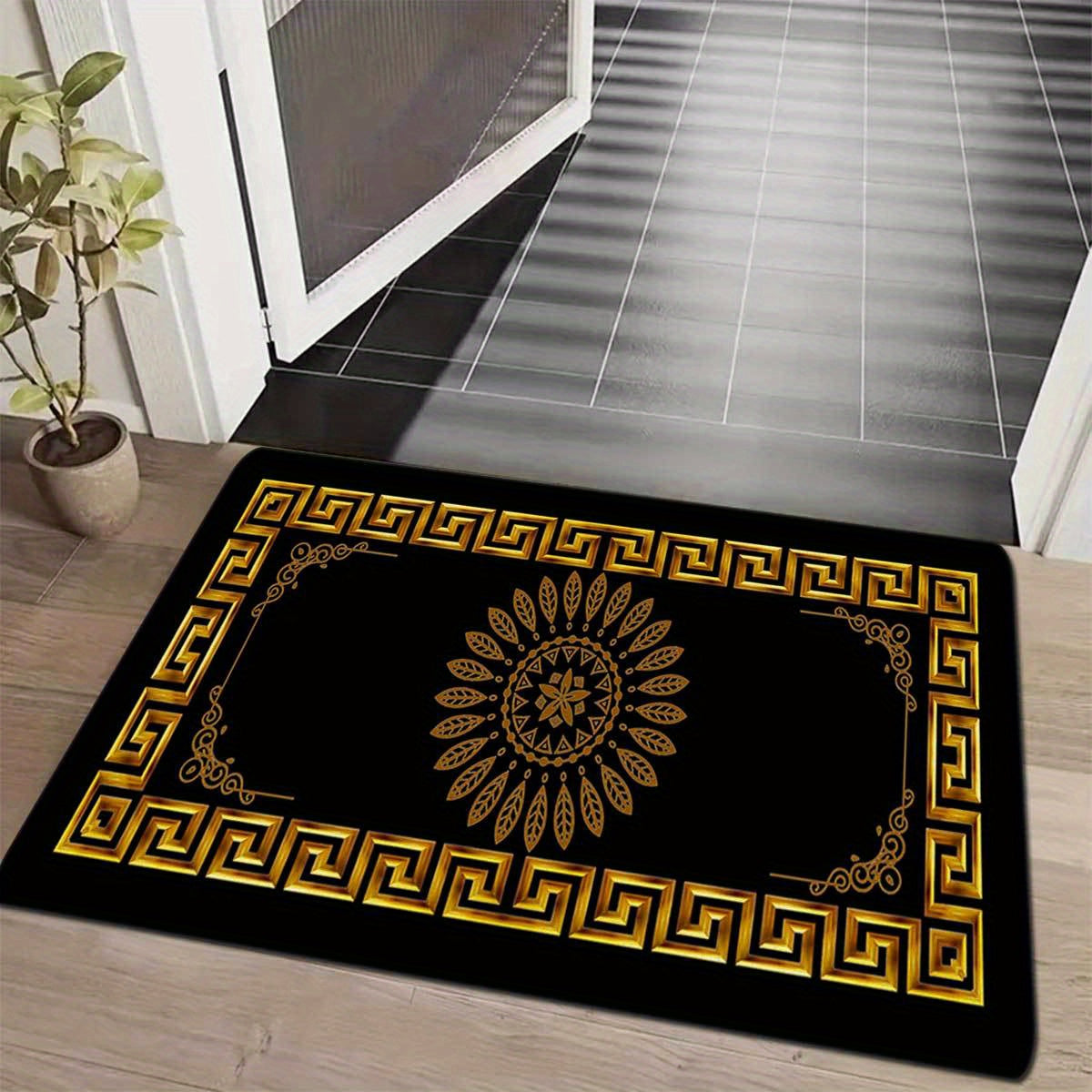 2-Piece Set Modern Simple Style Kitchen Mats, Golden Geometric Print, Non-Slip Bar and Entryway Runner, Soft Corridor Carpet, Polyester, Machine Washable