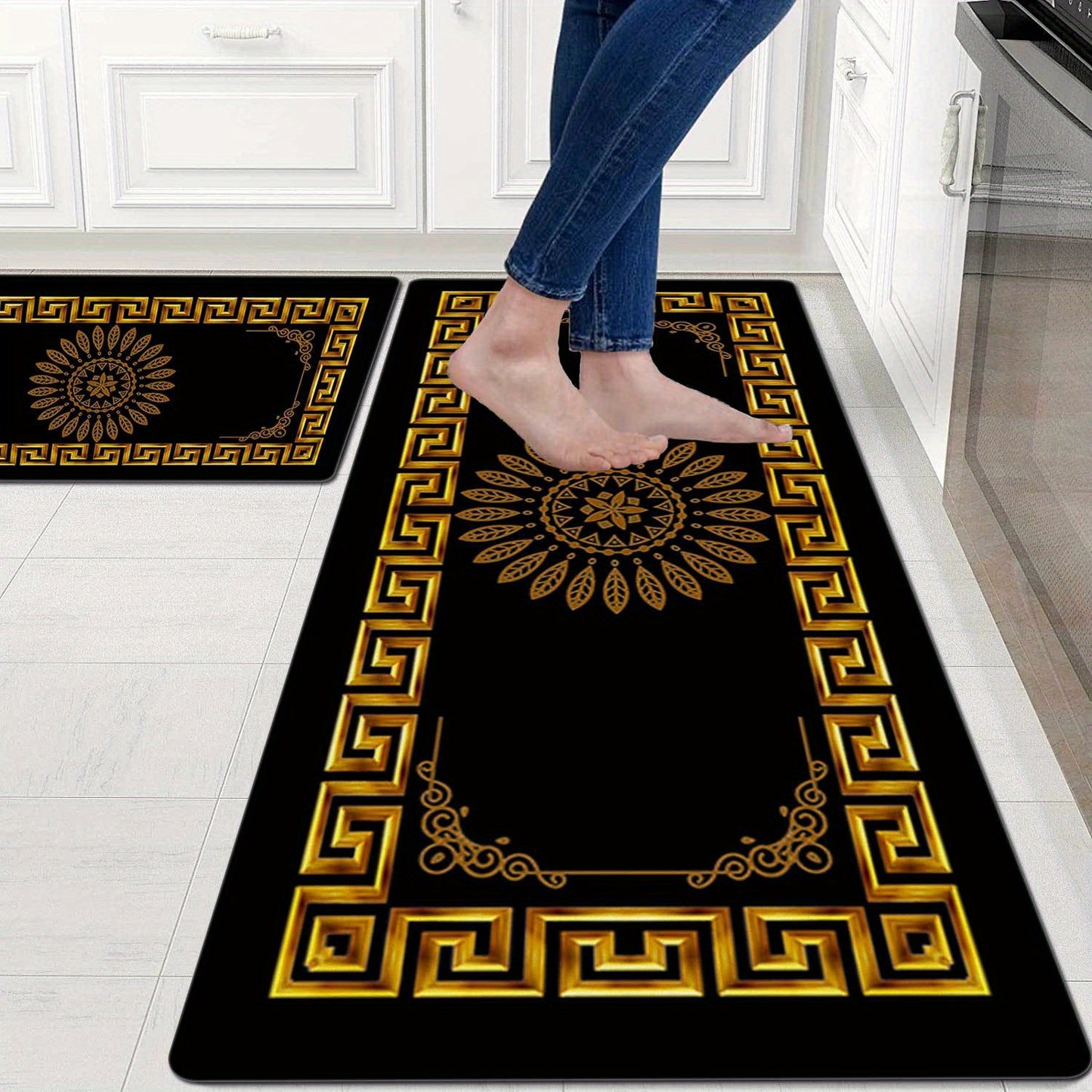 2-Piece Set Modern Simple Style Kitchen Mats, Golden Geometric Print, Non-Slip Bar and Entryway Runner, Soft Corridor Carpet, Polyester, Machine Washable