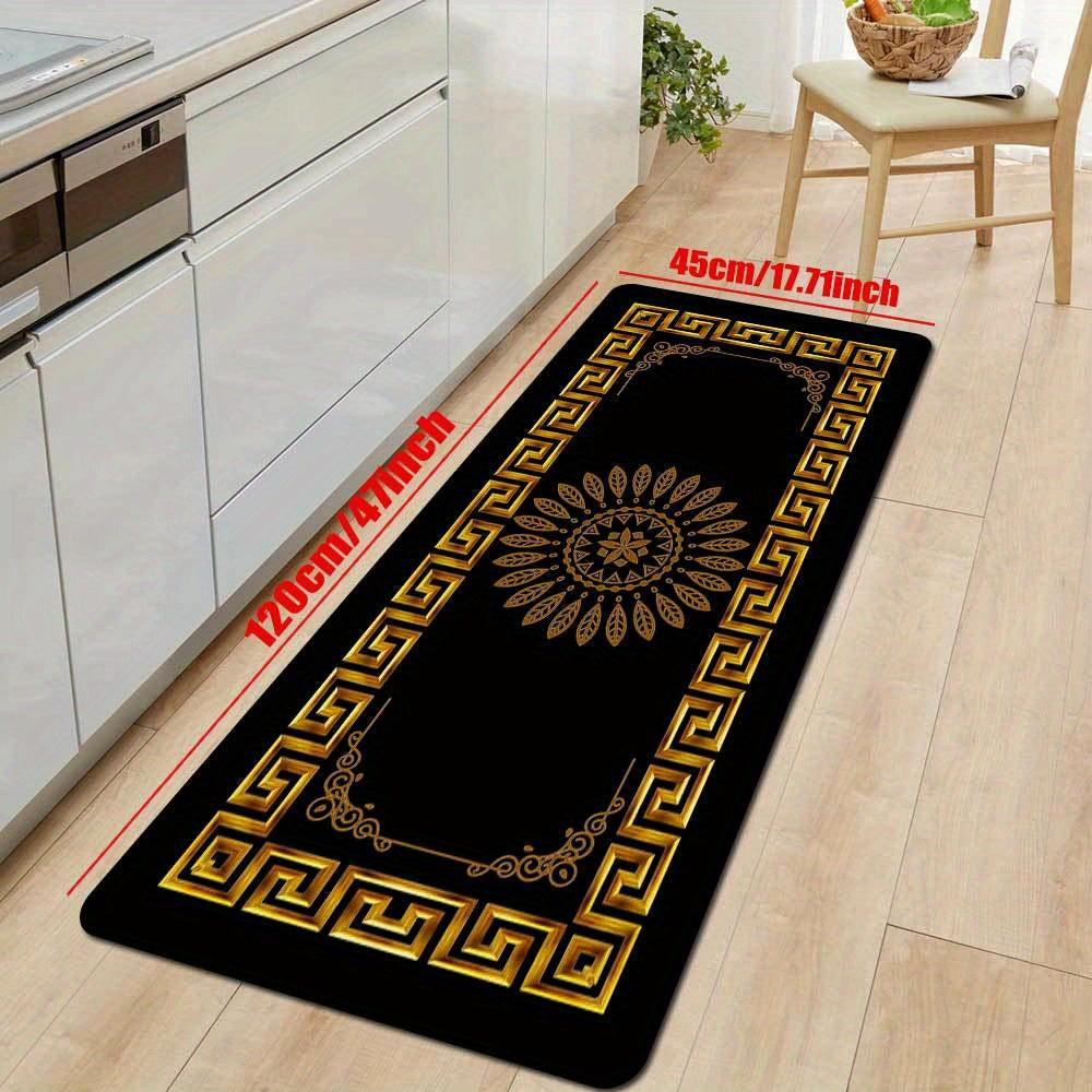 2-Piece Set Modern Simple Style Kitchen Mats, Golden Geometric Print, Non-Slip Bar and Entryway Runner, Soft Corridor Carpet, Polyester, Machine Washable