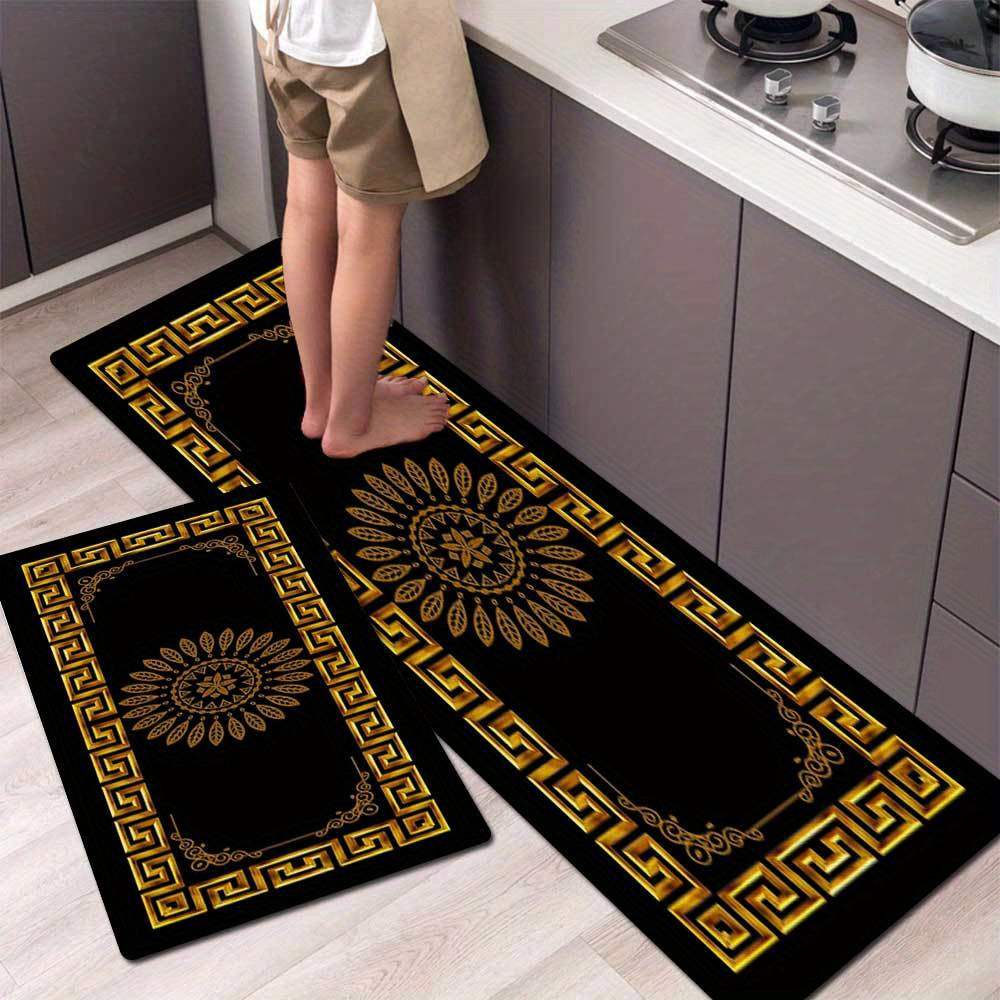 2-Piece Set Modern Simple Style Kitchen Mats, Golden Geometric Print, Non-Slip Bar and Entryway Runner, Soft Corridor Carpet, Polyester, Machine Washable