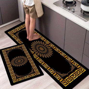 2-Piece Set Modern Simple Style Kitchen Mats, Golden Geometric Print, Non-Slip Bar and Entryway Runner, Soft Corridor Carpet, Polyester, Machine Washable