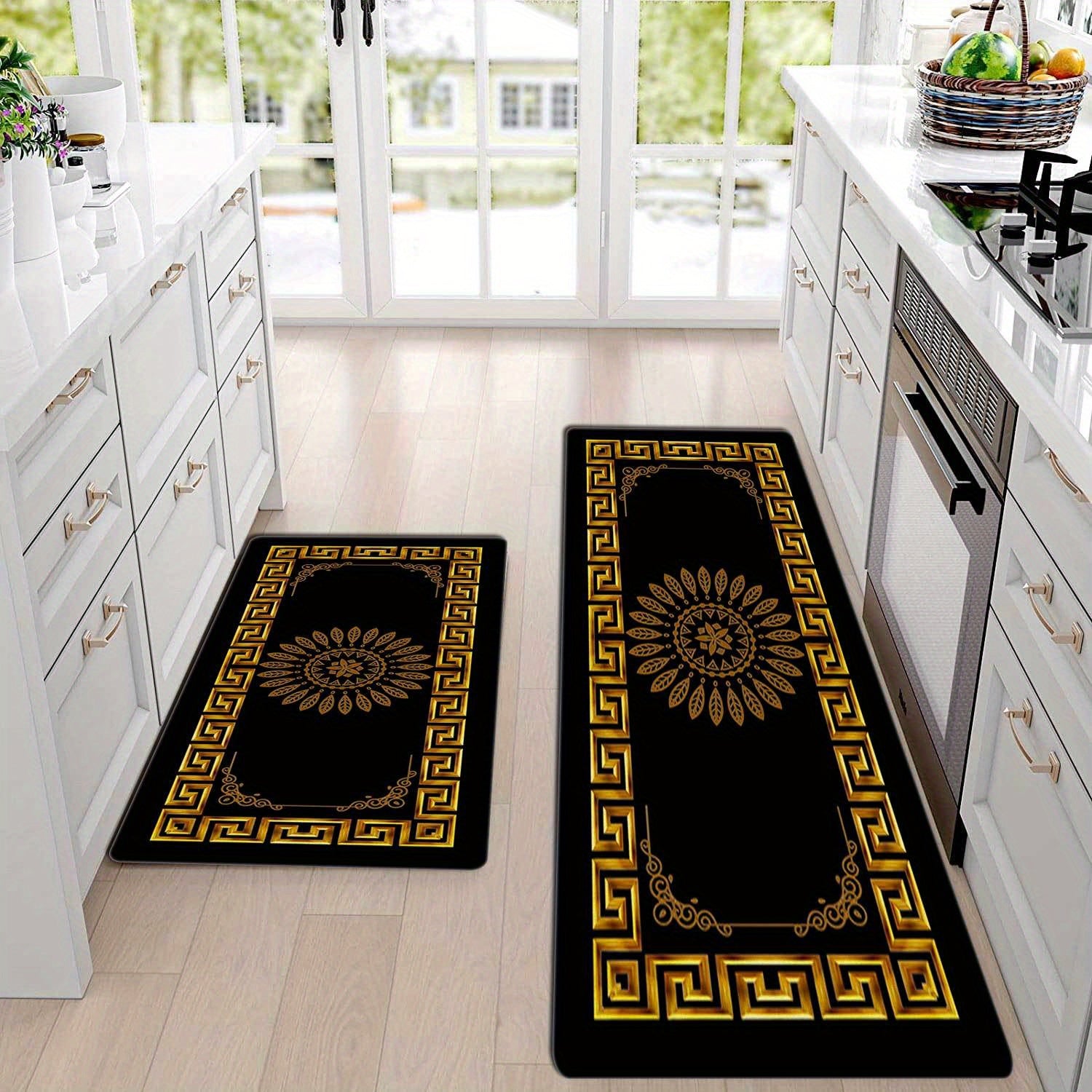 2-Piece Set Modern Simple Style Kitchen Mats, Golden Geometric Print, Non-Slip Bar and Entryway Runner, Soft Corridor Carpet, Polyester, Machine Washable