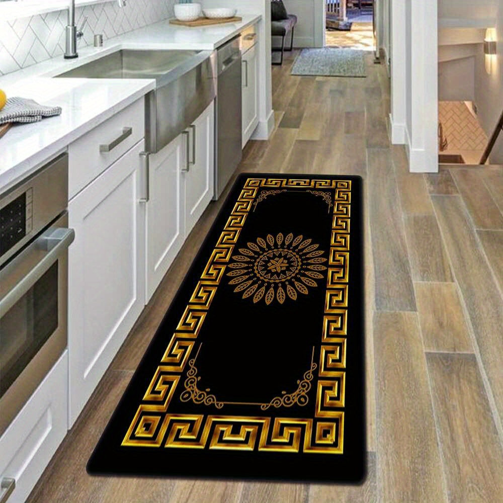 2-Piece Set Modern Simple Style Kitchen Mats, Golden Geometric Print, Non-Slip Bar and Entryway Runner, Soft Corridor Carpet, Polyester, Machine Washable