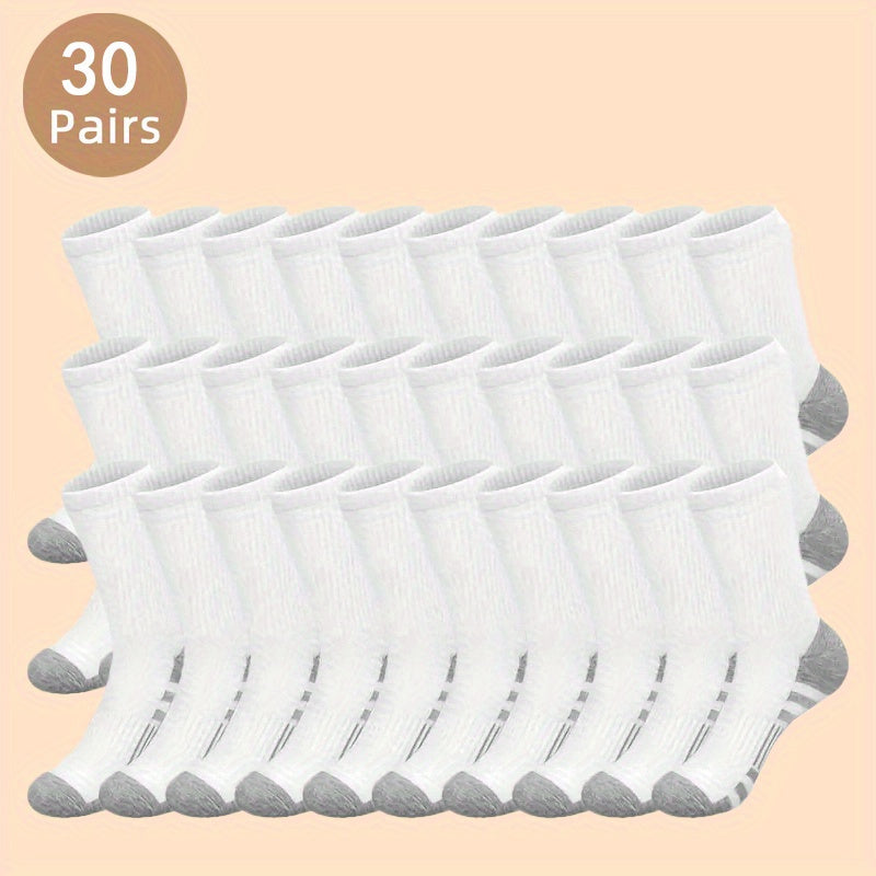 30-Pack Men's Long Socks, Autumn Sports Crew Socks, Knitted Polyester Fabric, Hand Wash or Dry Clean, Solid Color, Fashionable Men's Footwear Accessories