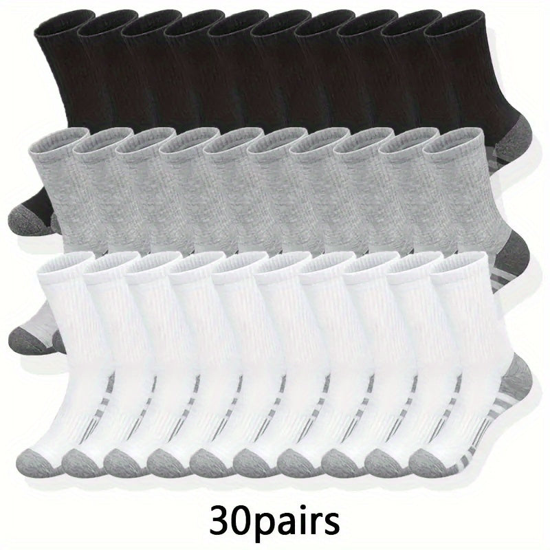 30-Pack Men's Long Socks, Autumn Sports Crew Socks, Knitted Polyester Fabric, Hand Wash or Dry Clean, Solid Color, Fashionable Men's Footwear Accessories