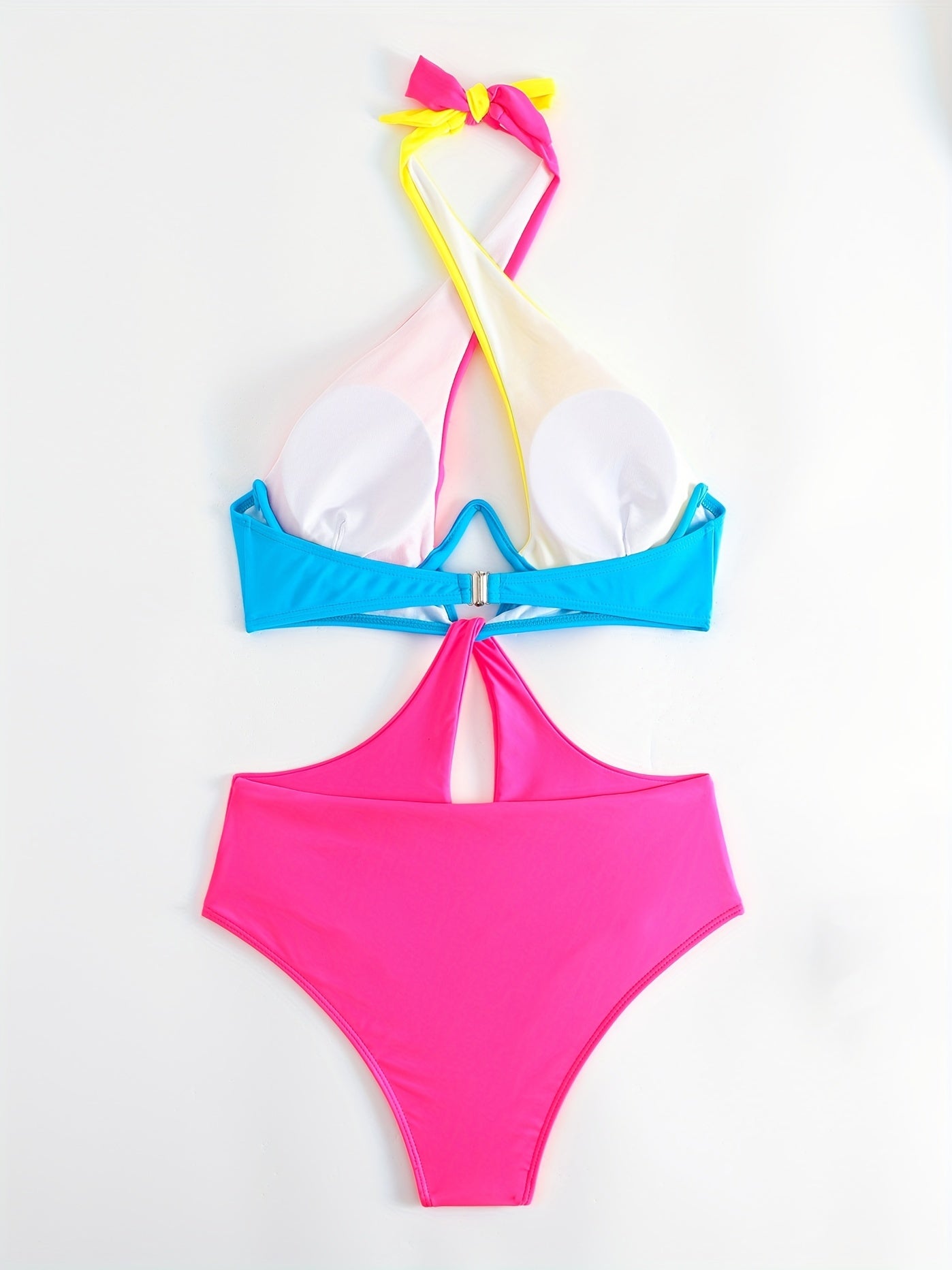 Colorblock Halter Neck One Piece Swimsuit, Cut Out Backless High Cut Bathing Suit, Women's Swimwear & Clothing