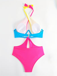 Colorblock Halter Neck One Piece Swimsuit, Cut Out Backless High Cut Bathing Suit, Women's Swimwear & Clothing