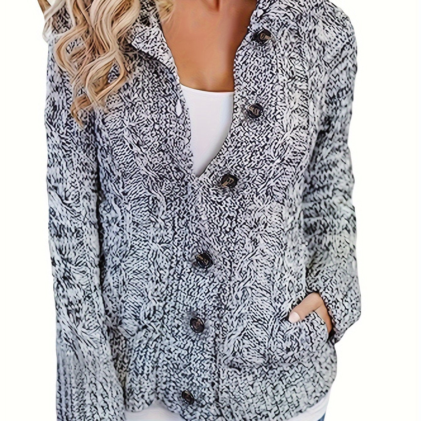 Women's Cable Knit Hooded Cardigan with Buttons and Pockets - Cozy Long Sleeve Sweater Coat for Casual Wear