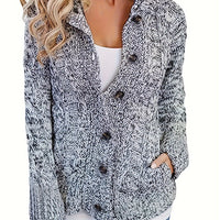 Women's Cable Knit Hooded Cardigan with Buttons and Pockets - Cozy Long Sleeve Sweater Coat for Casual Wear