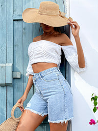 Ripped Raw Hem Stepped Waist Bermuda Jorts Denim Shorts, Distressed Washed Blue Denim Shorts, Women's Denim Jeans & Clothing