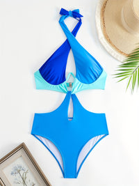 Colorblock Halter Neck One Piece Swimsuit, Cut Out Backless High Cut Bathing Suit, Women's Swimwear & Clothing