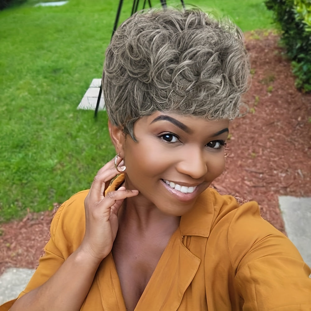 Flattering Pixie Cut Wig - Chic Bangs & Luxurious Curly Texture - Daring Black-Silver Blend Short Synthetic Wig with Dramatic Deep Wave - Effortlessly Layered Style for Women