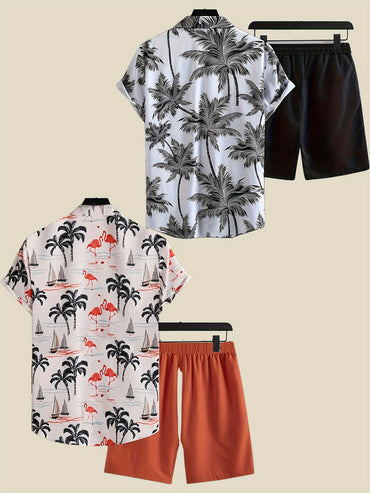 4pcs Men'S Casual Shirt Set, Polyester Lapel Short Sleeved Shirt And Drawstring Shorts, Micro Elastic Version, with Geometric Print And Pockets, Suitable for Beach And Weekend Casual Wear