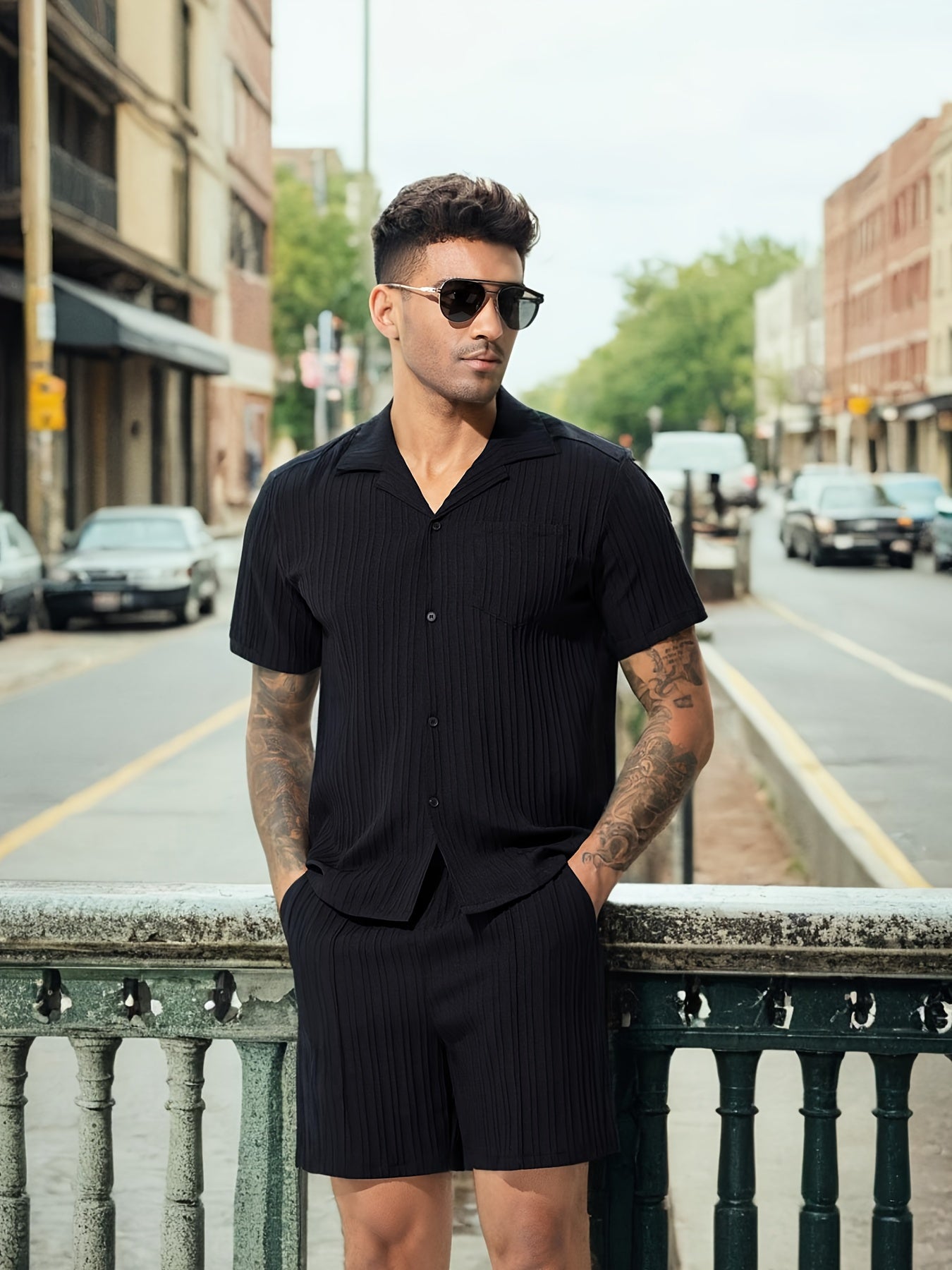 Men's Casual Shirt Set, Men's Casual Striped Shirt and Drawstring Striped Shorts Set, Men's Suit Collar Shirt Suit. Men's Summer Vacation, Everyday Wear Shirt Suit