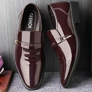 Men's Solid Color Faux Patent Leather Upper Slip On Loafer Shoes, Comfy Non Slip Casual Business Style Dress Shoes, Men's Footwear