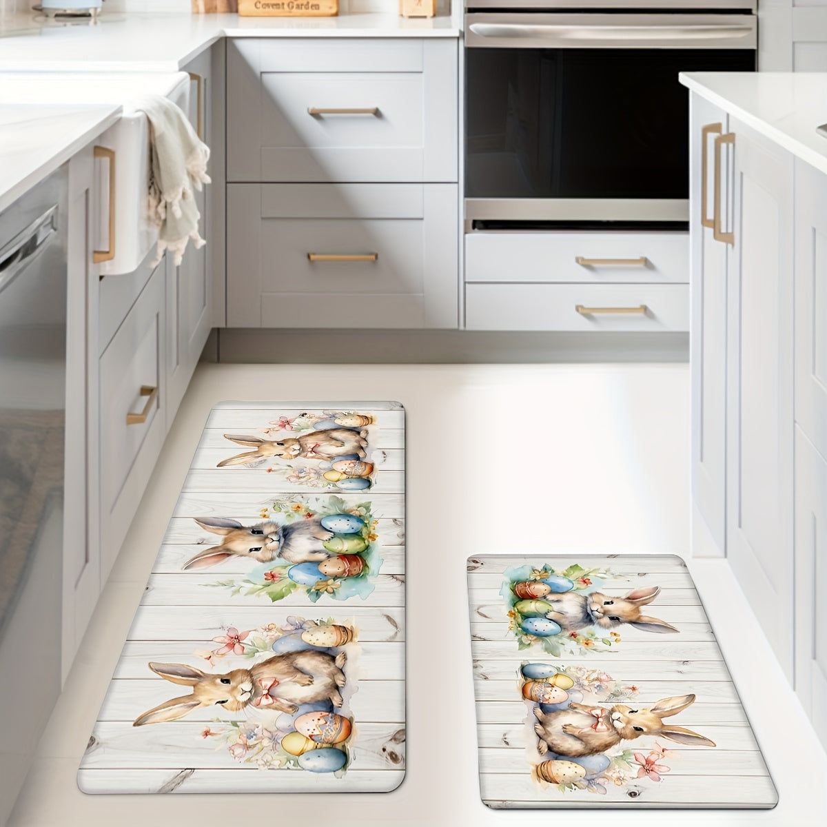 1 Set Easter Bunny Non-Slip Kitchen Rug, Machine Washable Polyester Knit Floor Mats, Lightweight Cushioned Comfort Standing Mat for Home Office, Sink, Laundry, Bathroom - Machine Made Runner