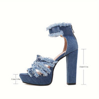 Womens Denim Platform Heels - Stylish Peep Toe Sandals with Ankle Strap & Back Zipper - High Heels for Versatile Dressy Looks