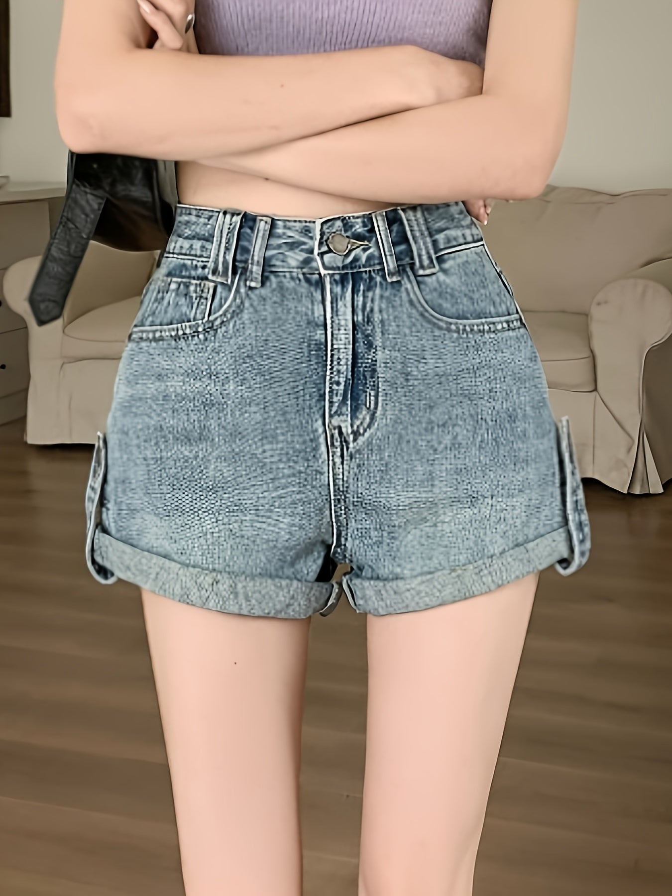 Distressed High Waist Denim Shorts for Women - Fashionable Slash Pockets A-Line Design, Comfortable Fit, Versatile Summer Style - Short Denim Pants, Womens Jeans Clothing