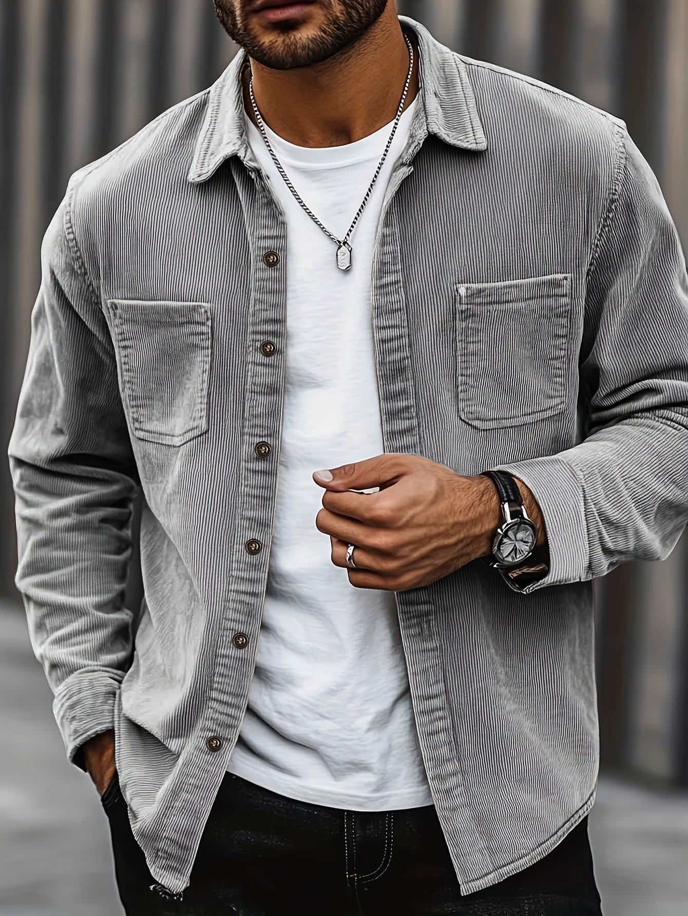 [Corduroy Casual Shirt] Light Blue Corduroy Men's Casual Shirt Jacket | Classic Collar, Button-Up Long Sleeve with Double Chest Pockets, Perfect for Spring & Fall, Everyday Fashion, Street Style, and Office Wear