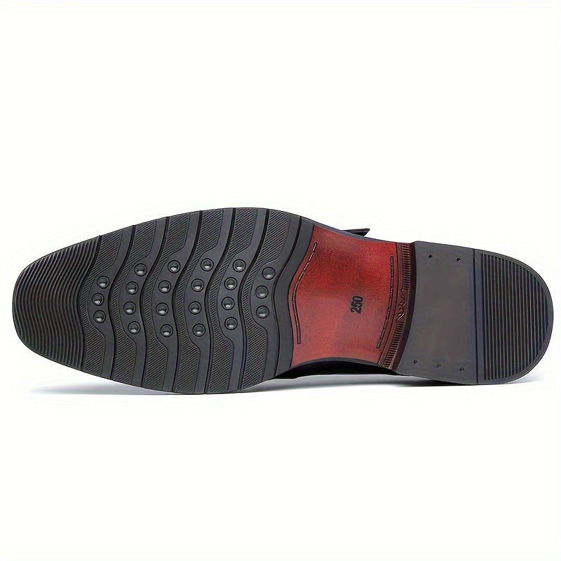 Men's Solid Color Top Grain Cow Leather Upper Monk Shoes, Comfy Non Slip Rubber Sole Durable Dress Shoes, Men's Footwear
