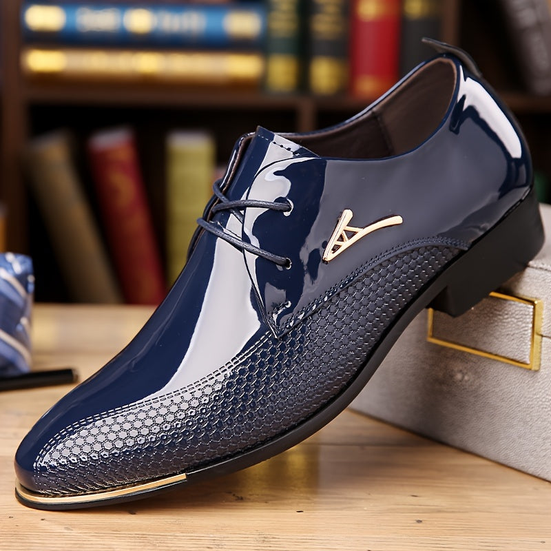 Plus Size Men's Faux Patent Leather Upper Derby Shoes, Comfy Non Slip Rubber Sole Durable Dress Shoes, Men's Footwear