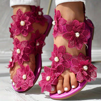 [Flowers Flat Women's Sandals] Women's Flowers Flat Sandals, Fashion Toe Loop Faux Pearl Slip On Shoes, Casual Beach Travel Sandals