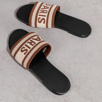 Womens Letter Print Slides - Ultra-Lightweight & Effortlessly Chic - Breathable Knitted Band Flats for Summer Casual Beach Wear - Quick-Dry, Stylish & Trendy