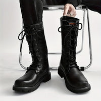 Men's Trendy Solid Colour High Top Lace Up Boots, Comfy Non Slip Durable Rubber Sole Shoes For Men's Outdoor Activities, Men's Footwear