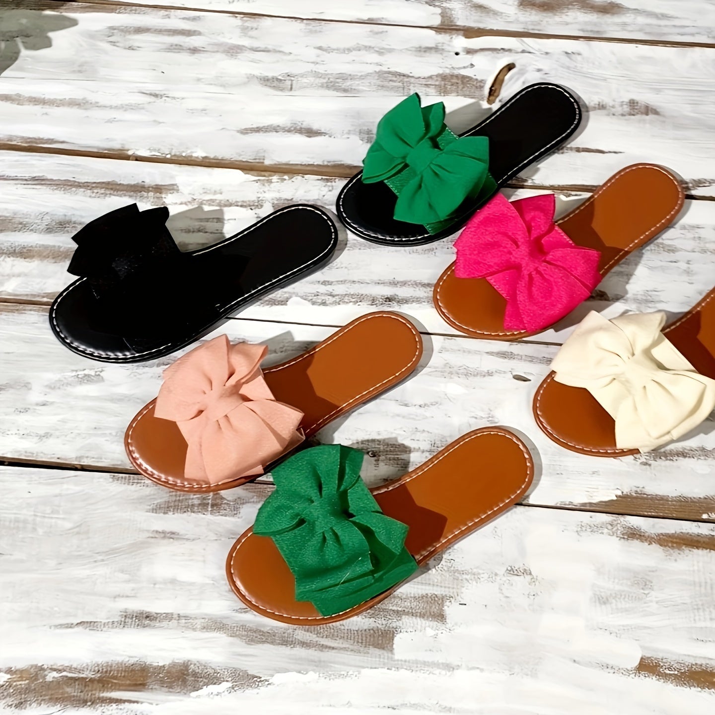 Ladies' Bowknot Flat Sandals, Solid Color Open-Toe Non-Slip Shoes, Casual Outdoor Beach Sandals.