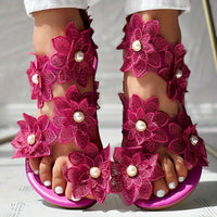 [Flowers Flat Women's Sandals] Women's Flowers Flat Sandals, Fashion Toe Loop Faux Pearl Slip On Shoes, Casual Beach Travel Sandals