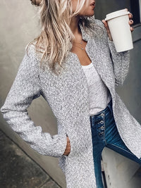 Solid Color Open Front Slim Coat, Casual Stand Neck Side Pockets Long Sleeve Coat For Winter & Fall, Women's Clothing