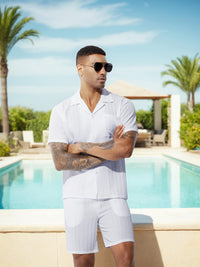 Men's Casual Shirt Set, Men's Casual Striped Shirt and Drawstring Striped Shorts Set, Men's Suit Collar Shirt Suit. Men's Summer Vacation, Everyday Wear Shirt Suit
