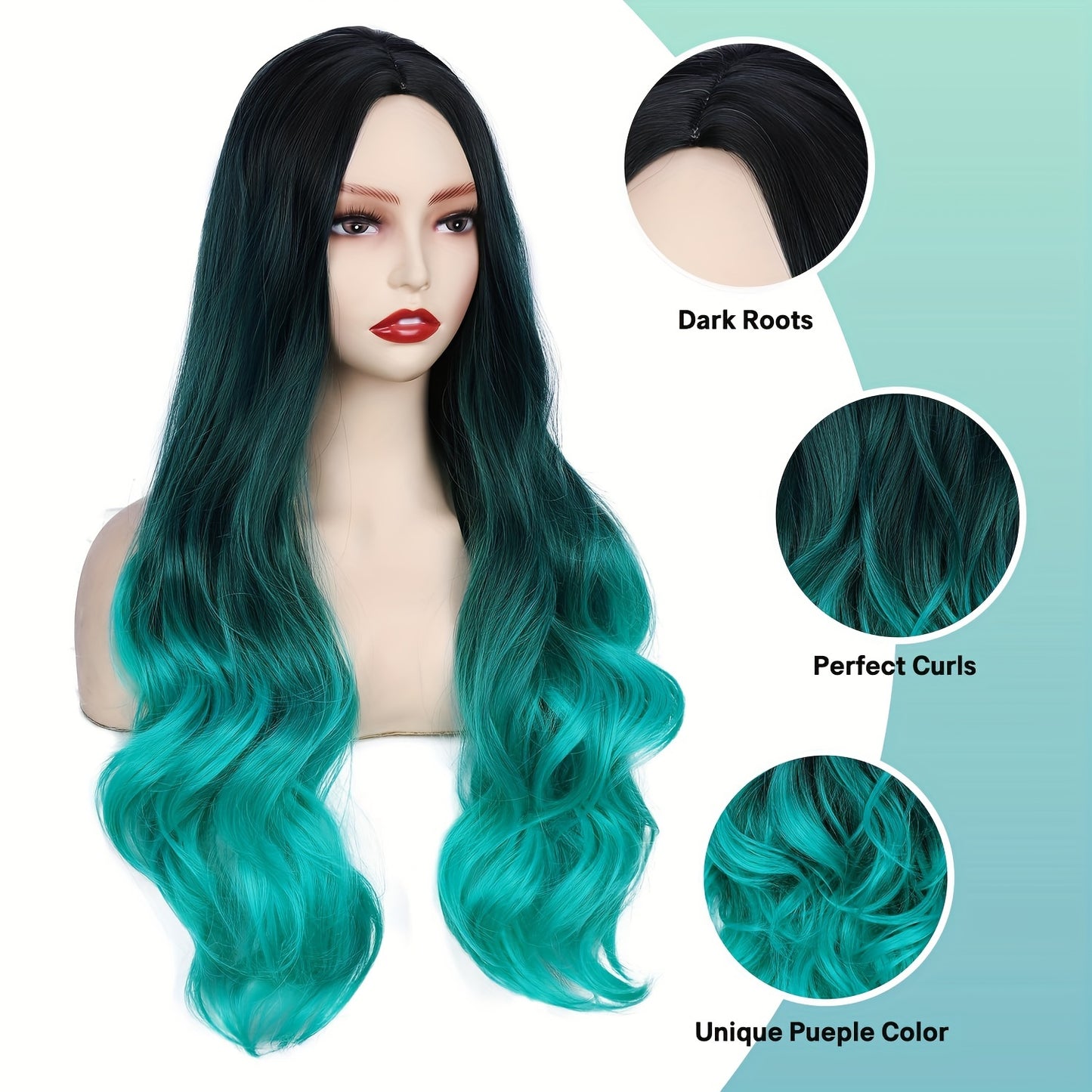 Long Wavy Wig Ombre Bluish Green Wigs Long Curly Ombre Color Hair Wigs Middle Part Synthetic Mermaid Green Wigs For Women Daily Party Cosplay