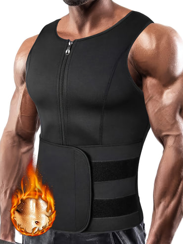 TKPARK Men's Adjustable Compression Tank Top & Waist Trainer - High-Elasticity Workout Shirt with Back Support, Sleeveless Gym Shaper Vest, Zipper Closure & Belt for Fitness Training, Fitness Compression Wear | Sleeveless Tan