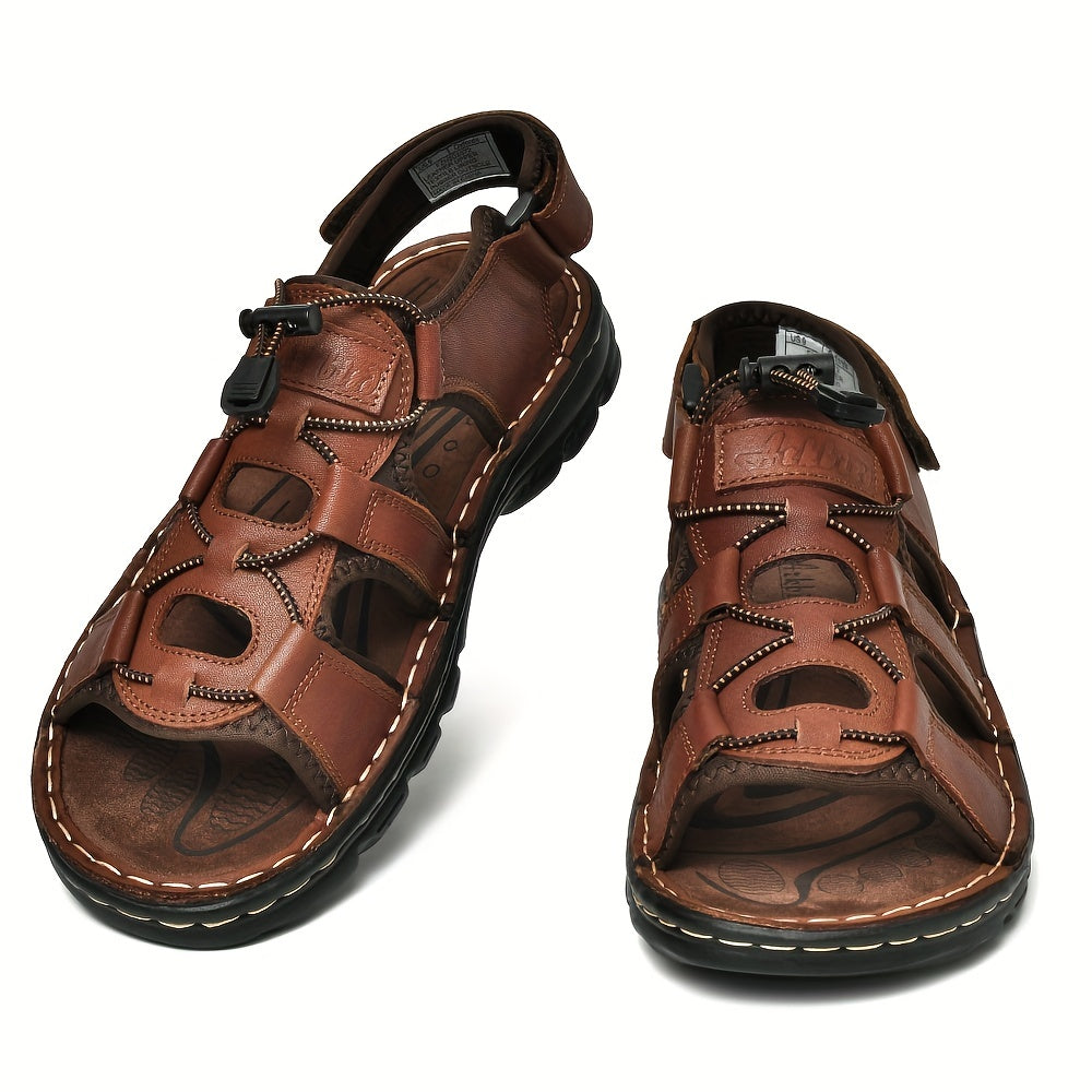 Plus Size Men's Top Grain Leather Vintage Old School Style Open Toe Breathable Sandals With Adjustable Buckle, Comfy Non Slip Durable Beach Water Shoes, Men's Footwear