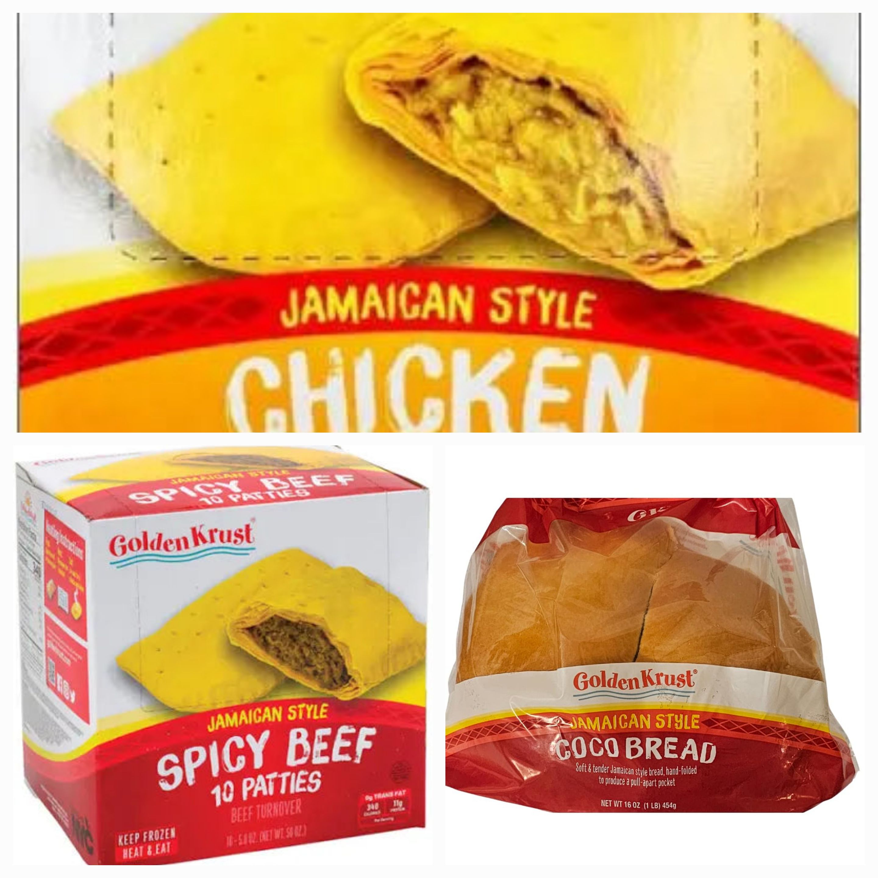 Golden Krust Jamaican Style Spicy Chicken, Jamaican Style Spicy Beef, 50 oz, 10 count and Coco Bread, 8-Pack