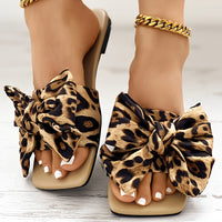 Womens Fashion Leopard Print Bowknot Flat Slides - Comfortable Slip-On Open Toe Slide Sandals with Strappy Back, Rubber Sole, and Synthetic Leather Insole - Perfect for Casual Daily Wear