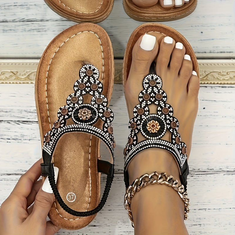 Women's Boho Style Flat Sandals, Flower Rhinestone Elastic Strap Slip On Shoes, Summer Beach Thong Sandals