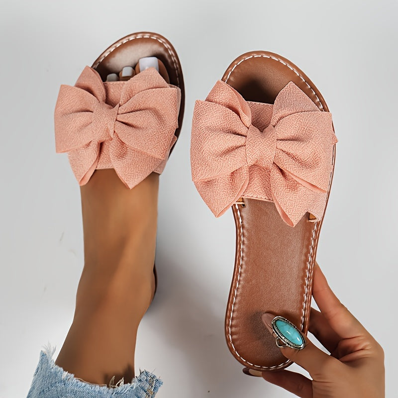 Ladies' Bowknot Flat Sandals, Solid Color Open-Toe Non-Slip Shoes, Casual Outdoor Beach Sandals.