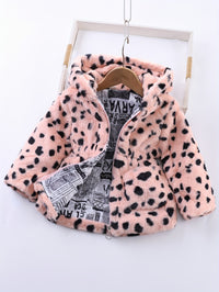 Winter Girl's Fleece Leopard Print Coat, Casual Hooded Jacket For Kids