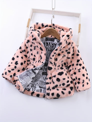 Winter Girl's Fleece Leopard Print Coat, Casual Hooded Jacket For Kids