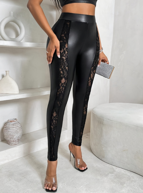 Women's Sexy Pants 2024 Spring Fashion Mesh Panel Belt Buckle High Waist Zipper Casual Tight Elastic Daily Pants Y2K Street Wear