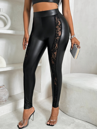 Women's Sexy Pants 2024 Spring Fashion Mesh Panel Belt Buckle High Waist Zipper Casual Tight Elastic Daily Pants Y2K Street Wear