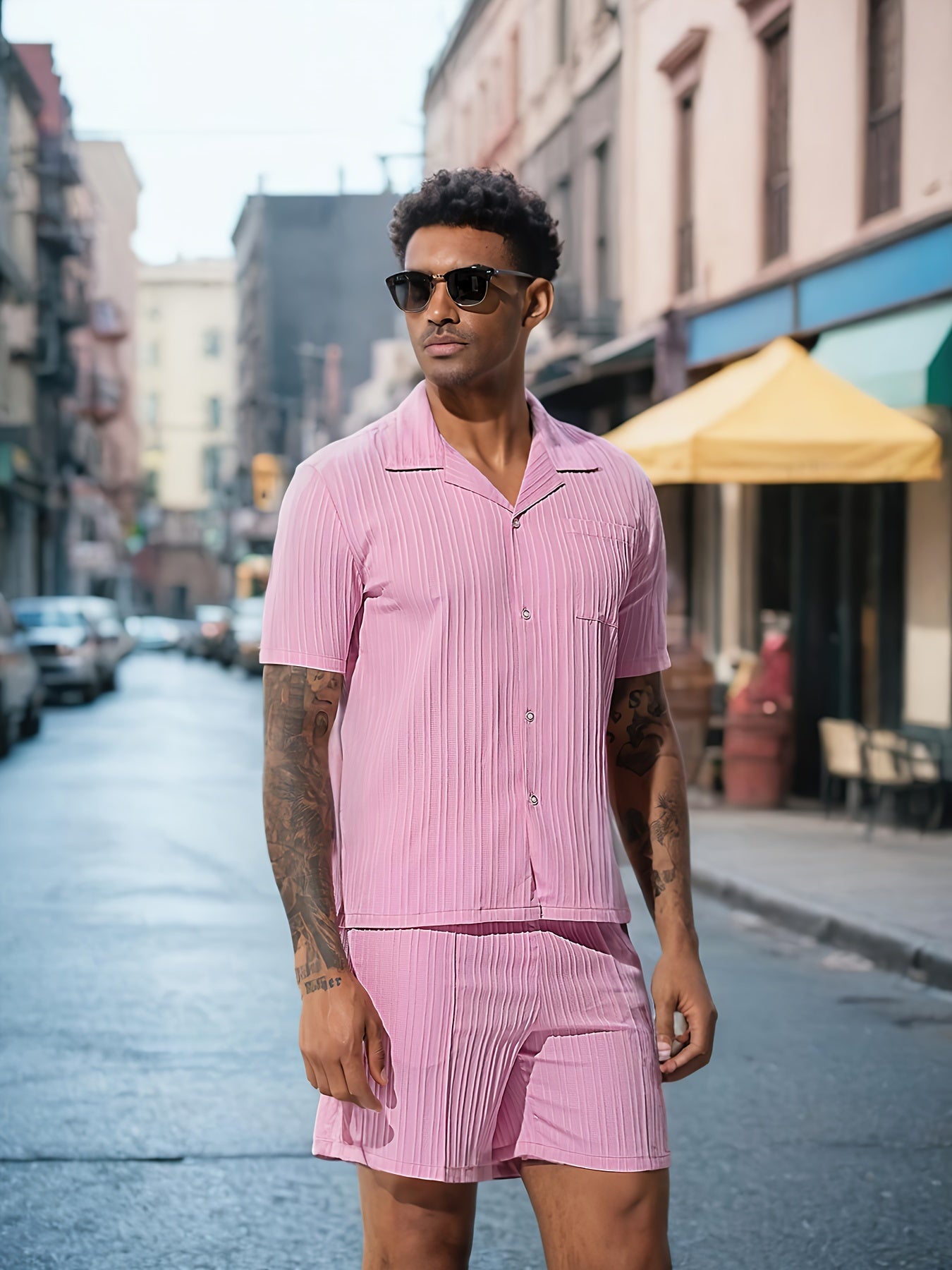 Men's Casual Shirt Set, Men's Casual Striped Shirt and Drawstring Striped Shorts Set, Men's Suit Collar Shirt Suit. Men's Summer Vacation, Everyday Wear Shirt Suit