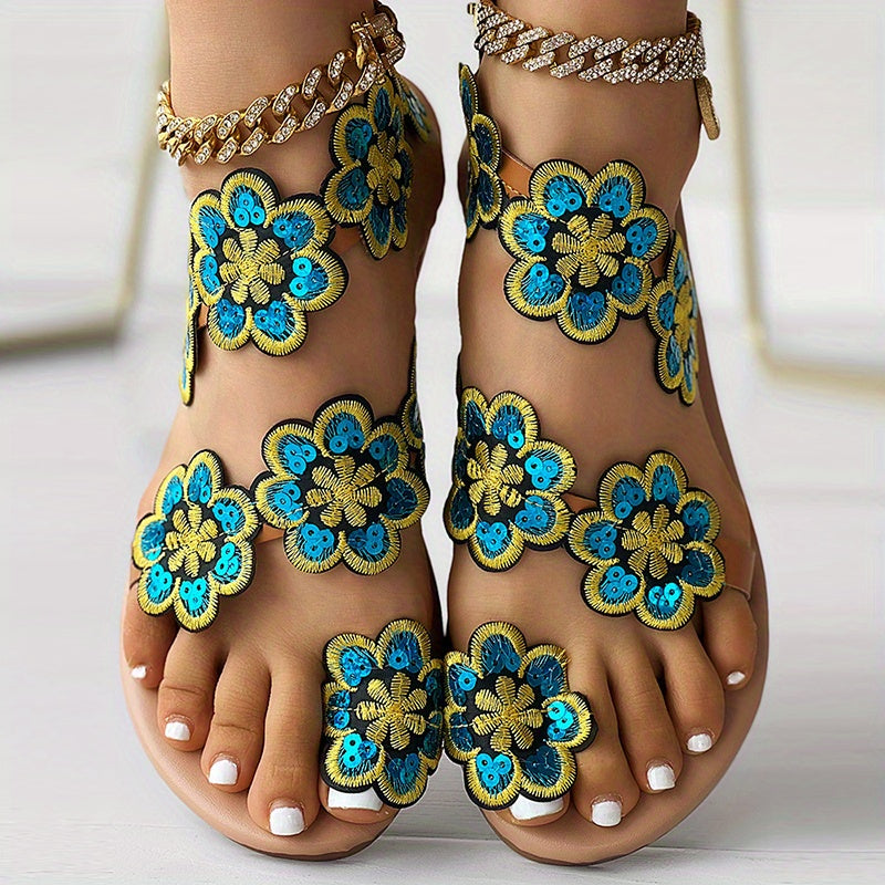 [Flowers Flat Women's Sandals] Women's Flowers Flat Sandals, Fashion Toe Loop Faux Pearl Slip On Shoes, Casual Beach Travel Sandals