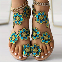 [Flowers Flat Women's Sandals] Women's Flowers Flat Sandals, Fashion Toe Loop Faux Pearl Slip On Shoes, Casual Beach Travel Sandals