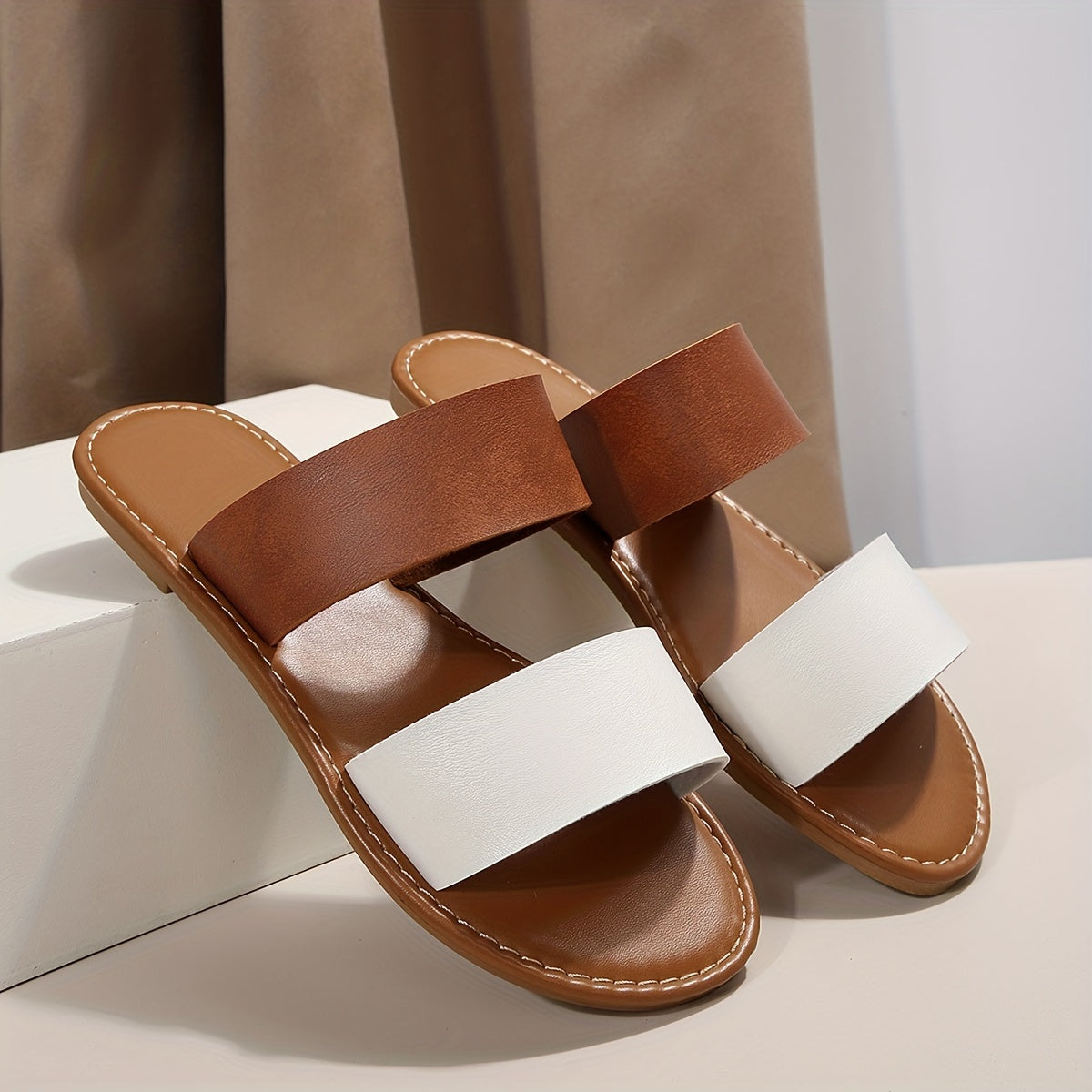Women's Contrast Color Slide Sandals, Casual Slip On Flat Summer Shoes, Lightweight Beach Shoes